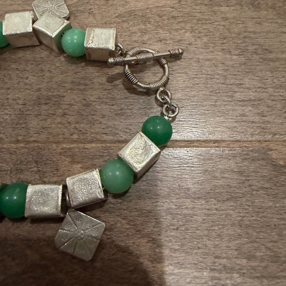 Vintage Chinese Silver and Jade Geometric Charm Bracelet - Picture 3 of 5